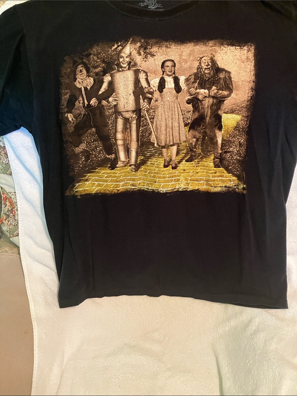 Black Short Sleeve Wizard of Oz Graphic Tee with Yellow Brick Road Detail